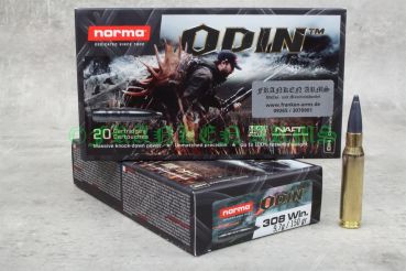 Packung bleifreie Norma ODIN Büchsenmunition im Kaliber .308 Win. mit 150gr / 9,7g Kupfer-Deformationsgeschossen.