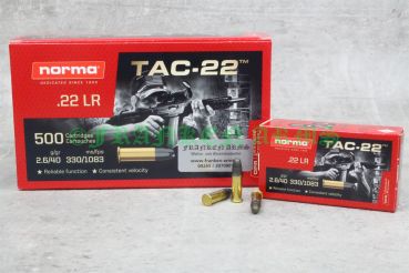 Packung Norma TAC-22 Kleinkalibermunition im Kaliber .22 lr mit 40gr / 2,6g Bleirundkopf-Geschossen.