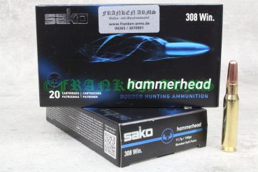 Packung Sako Hammerhead Büchsenmunition im Kaliber .308 Win. mit 180gr / 11,7g Verbundkern-Geschossen auf weißem Hintergrund.