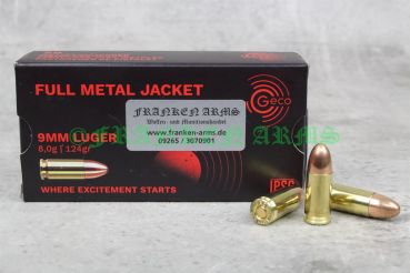 GECO 9mm Luger Vollmantel Rundkopf FMJ 124gr 8,0g Pistolenmunition Packung mit 50 Schuss