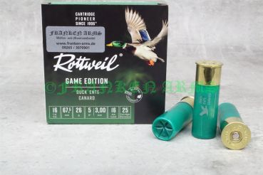 Packung Rottweil Game Edition Ente Schrotpatronen Kaliber 16/67,5 mit 3,0mm Weicheisenschrot (bleifrei) für die Wasserwildjagd. Franken Arms