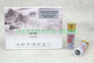 Packung Rottweil Extra Express Postenschrotpatronen im Kaliber 16/67,5 mit 7,65 mm Bleischrot und transparenter Kunststoffhülse.