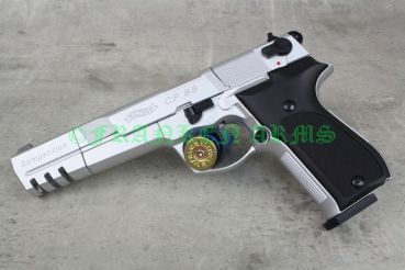 Walther CP88 Competition CO2-Pistole in der edlen Nickel-Ausführung in der Seitenansicht.