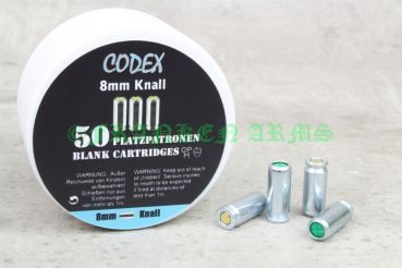 Packung Codex 8mm Knall Platzpatronen / Schreckschussmunition (50 Stück) für Gas- und Schreckschusspistolen. Franken Arms