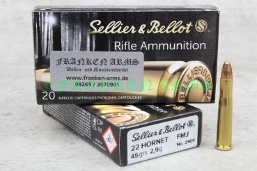 Packung Sellier & Bellot Büchsenmunition im Kaliber .22 Hornet mit 45gr / 2,9g Vollmantel-Geschossen (FMJ).