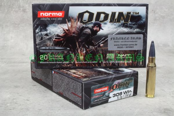 Packung bleifreie Norma ODIN Büchsenmunition im Kaliber .308 Win. mit 150gr / 9,7g Kupfer-Deformationsgeschossen.