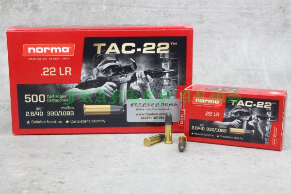 Packung Norma TAC-22 Kleinkalibermunition im Kaliber .22 lr mit 40gr / 2,6g Bleirundkopf-Geschossen.