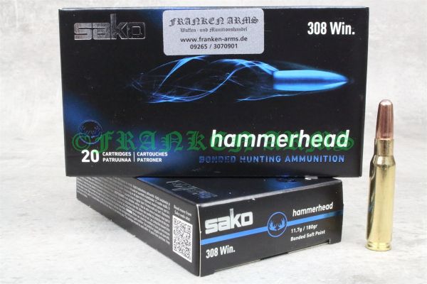Packung Sako Hammerhead Büchsenmunition im Kaliber .308 Win. mit 180gr / 11,7g Verbundkern-Geschossen auf weißem Hintergrund.