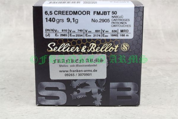 Packung Sellier und Bellot 6,5 Creedmoor FMJ 140gr Büchsenpatronen mit Vollmantel-Spitzgeschossen für den Schießstand