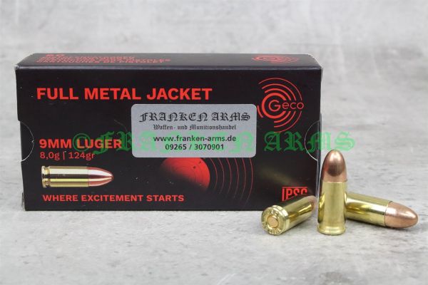 GECO 9mm Luger Vollmantel Rundkopf FMJ 124gr 8,0g Pistolenmunition Packung mit 50 Schuss