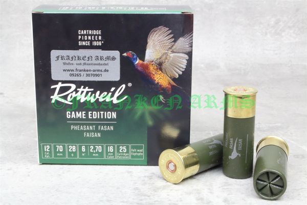 Packung Rottweil Game Edition Fasan Schrotpatronen Kaliber 12/70 mit 2,7mm Bleischrot und Filzpfropfen. Franken Arms