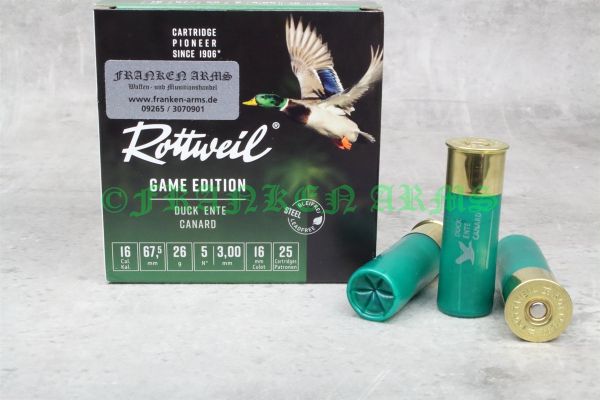 Packung Rottweil Game Edition Ente Schrotpatronen Kaliber 16/67,5 mit 3,0mm Weicheisenschrot (bleifrei) für die Wasserwildjagd. Franken Arms