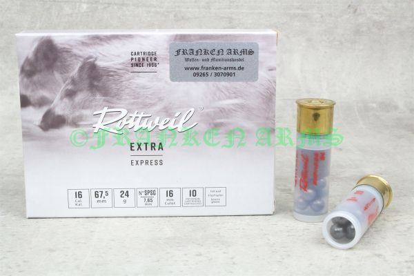 Packung Rottweil Extra Express Postenschrotpatronen im Kaliber 16/67,5 mit 7,65 mm Bleischrot und transparenter Kunststoffhülse.