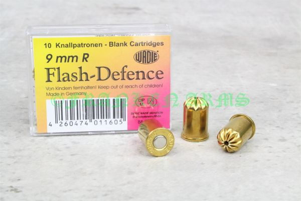 Packung Wadie Flash-Defence Platzpatronen im Kaliber 9mm R.K. / 9mm Revolver Knall (10 Stück) mit verstärktem Mündungsfeuer. Franken Arms