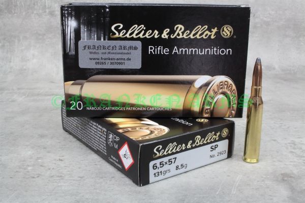 Packung Sellier & Bellot Büchsenmunition im Kaliber 6,5x57 mit 131gr / 8,5g Teilmantel-Spitzkopf-