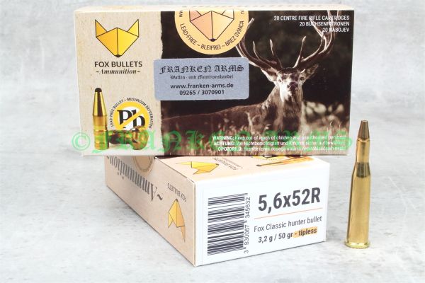Packung bleifreie FOX Bullets Classic Hunter Büchsenmunition im Randkaliber 5,6x50R Magnum mit 50gr / 3,2g Deformationsgeschossen. Franken Arms